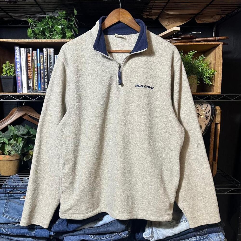 Vintage Y2K Old Navy 1/4 Zip Fleece Pullover Gray Navy Blue Sweatshirt Mens XL